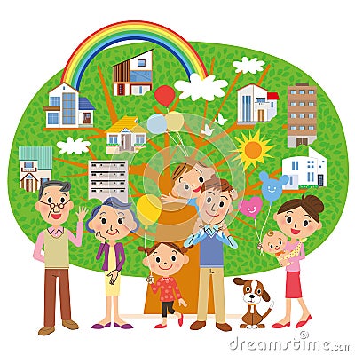Three-generation family and house Vector Illustration