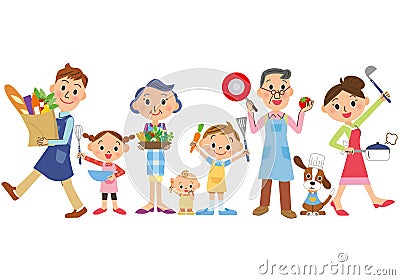 three-generation family who enjoys cooking Vector Illustration