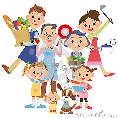 Three-generation family who enjoys cooking Vector Illustration