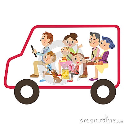 The three-generation family who goes for a drive Vector Illustration