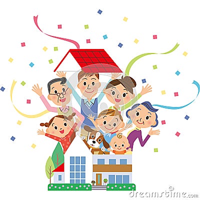 The three-generation family who jumps out of a house Vector Illustration