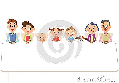 Three-generation family who sits down on a table Vector Illustration