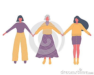 Three generations of women stand together and hold hands. Mother`s day concept Vector Illustration