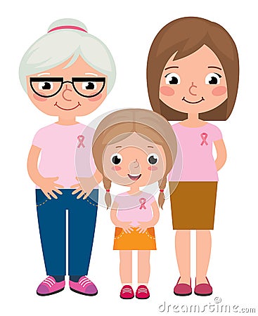 Three generations of women wearing pink shirt and ribbons for breast cancer Vector Illustration