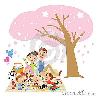 Three-generytion family is cherry-blossom viewing Vector Illustration