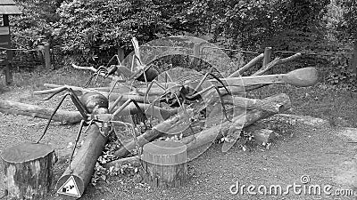 Blackwhite image - Three giant statues of black forest ants and a match with red tip over a pile of trunks in ZOO Ostrava Editorial Stock Photo