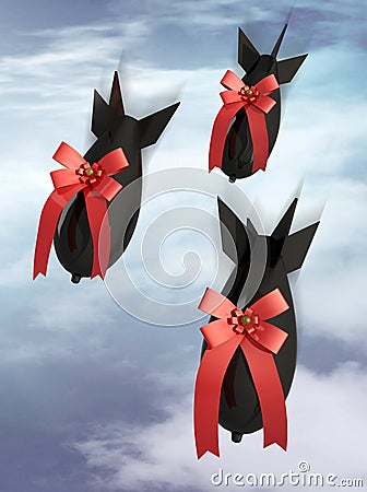 Three gift aerobomb on a sky cloudy background Cartoon Illustration