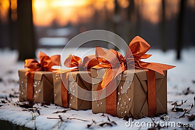 Three gift boxes on the snow in the park. Christmas banner, New Year card Stock Photo