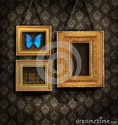 Three gilded frames on antique wallpaper Stock Photo