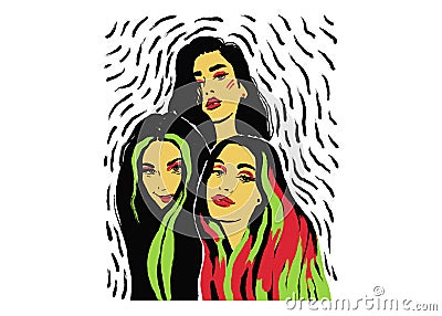 Illustration a group of beautiful girls. Fashionable girlfriends. Happy people. Portrait graphics. Passionate burning brunettes Cartoon Illustration