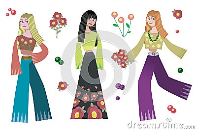 Three girls blonde, brunette and redhead in hippie outfits with flowers isolated vector on white background Vector Illustration