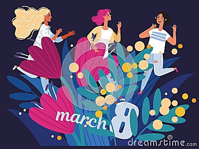 Three girls in a bouquet of flowers as a symbol of women`s holiday Vector Illustration