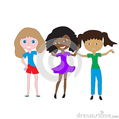 Three girls of different races. Vector Illustration