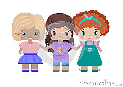 Three girls girlfriend hold hands Vector Illustration