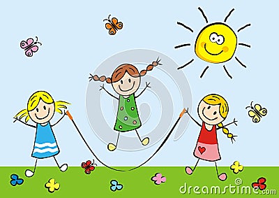 Three girls and jumping rope Vector Illustration