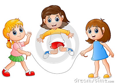 Three girls playing jump rope Vector Illustration