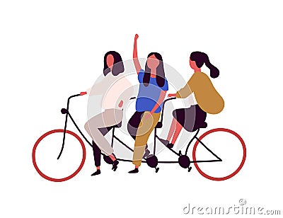Three girls riding tandem bicycle flat vector illustration. Girlfriends cartoon characters at urban vehicle. Teamwork Vector Illustration
