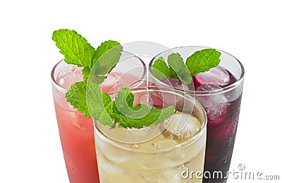 Three glass of apple,grape and strawberry juice Stock Photo