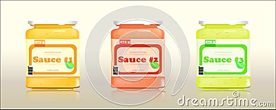 Three glass jars with different sauces Vector Illustration