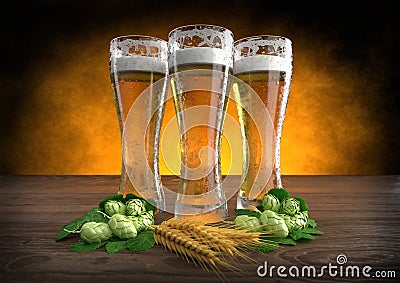 Three glasses of beer with barley and hops. 3D render Stock Photo