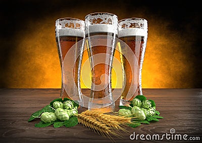 Three glasses of beer with barley and hops - 3D render Stock Photo