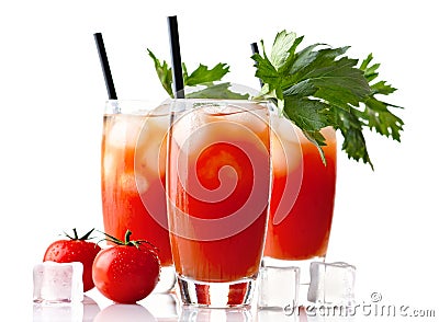 Three glasses of bloody mary with ice cubes & tomatoes on white Stock Photo