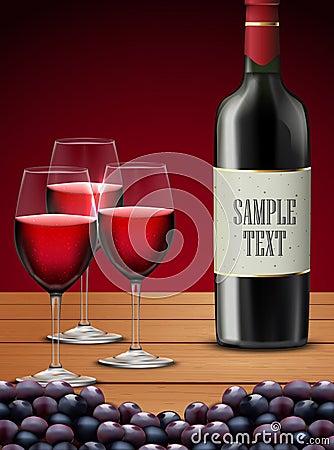 Three glasses red wine with Bottle of champagne and grapes fruits Vector Illustration