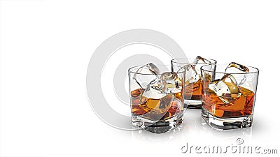 Three glasses of whiskey with ice cubes isolated on a white background. Stock Photo