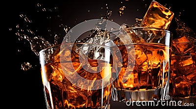 Three glasses of whiskey with ice cubes and water splashing, AI Stock Photo