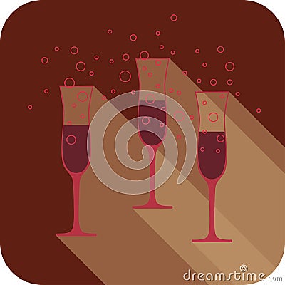 Three glasses of wine in trendy color marsala. Flat design stylized, party drink icon Cartoon Illustration