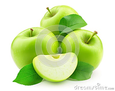 Three glossy green apples with one sliced piece Stock Photo