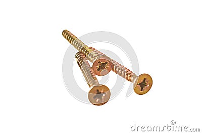 Three glossy metal screws yellow or golden color with spiral thread isolated on white background Stock Photo