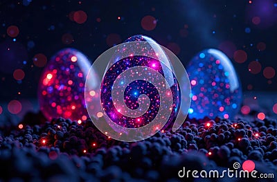 Three glowing eggs with cosmic patterns rest on a dark textured surface, creating a mystical atmosphere Stock Photo