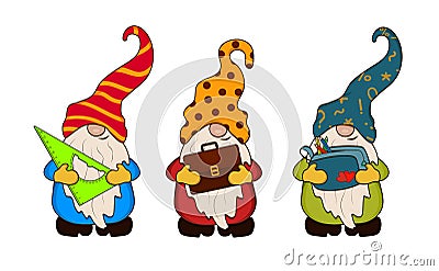 Three gnomes are holding school supplies, a ruler, a briefcase and a pencil case with pencils Vector Illustration