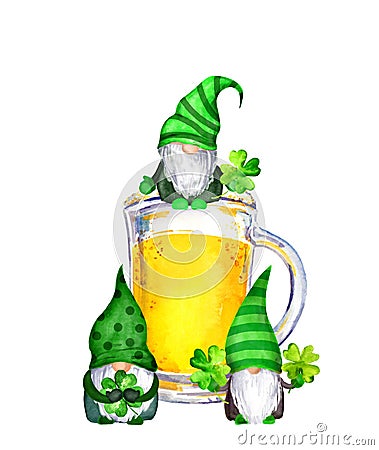Three gnomes in irish green colors with beer mug, lucky four 4 leaves clovers. Watercolor Stock Photo