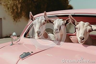 Three goats sitting in an automobile. AI Generated Stock Photo