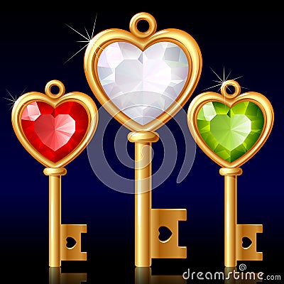 Three golden keys with Jewel heart Vector Illustration