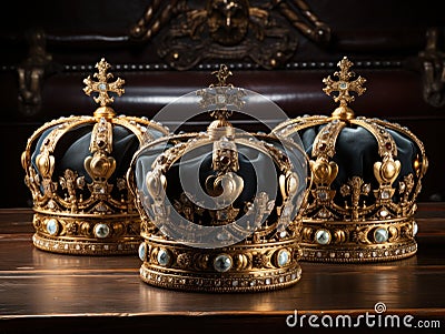 three golden royal crowns with precious stones with blue velvet Stock Photo