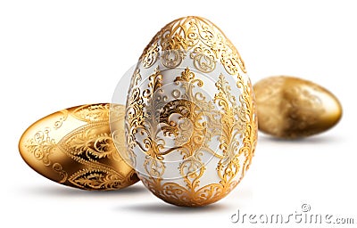 Three golden and white Easter eggs with beautiful lace ornaments decoration, isolated on white Stock Photo