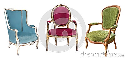 Three gorgeous vintage armchairs isolated on white background. Chairs with blue, red and green upholstery Stock Photo