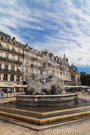 The three graces fountain at Place de la Comedie Editorial Stock Photo