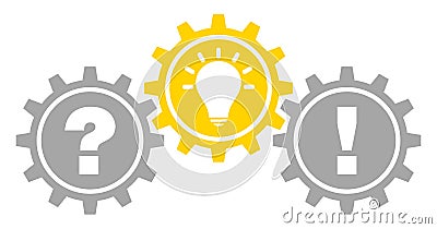 Three Graphic Gears Filled Question Idea And Answer Gray Yellow Outline Vector Illustration