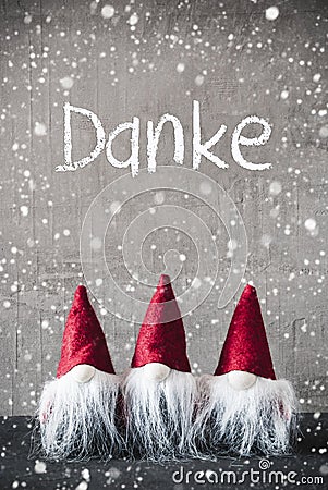 Three Red Gnomes, Cement, Snowflakes, Danke Means Thank You Stock Photo