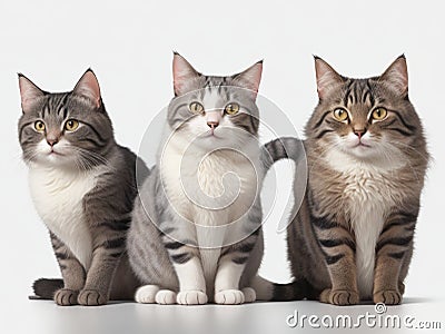 Three gray and white cats with yellow eyes, white background Stock Photo