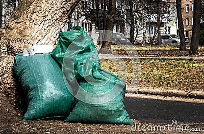 Three green bags of garbage by the road Stock Photo