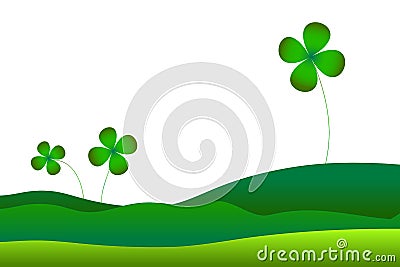 Three Green four-leaf clover with thin stems, each of different sizes, white background with empty space, green lines on bottom Cartoon Illustration