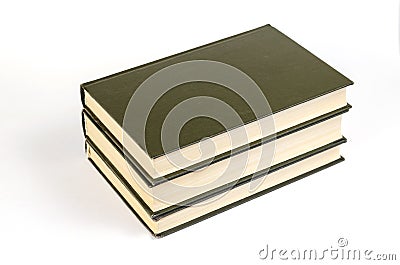 Three Green hardcover books on a white background. Stack of closed books Stock Photo