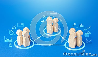 Three groups of people are connected by lines. Coordination and knowledge sharing. Outsourcing. Business model of autonomous Stock Photo