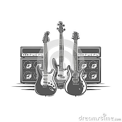 Three guitars and concert speakers Vector Illustration