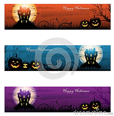 Three Halloween haunted house background Vector Illustration